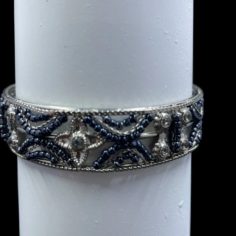 Vintage Silver Tone Cuff Bracelet Rhinestone‎ Beaded Bangle Statement Jewelry